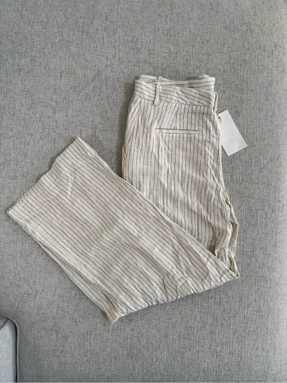 ZARA NWT Striped Linen Blend Wide Leg Trousers in Light Beige/Black Size M